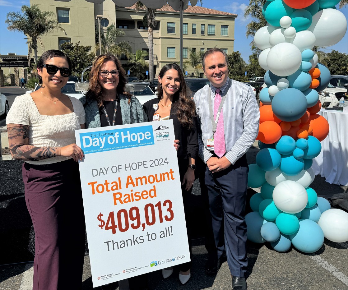 Day of Hope ambassador Eileen Hongo, Arroyo Grande Community Hospital Foundation Chief Philanthropy Officer Montisa Lopez, Marian Regional Medical Center Foundation Chief Philanthropy Officer Jessa Brooks and Mission Hope radiation oncologist Dr. Ben Wilkinson pose for photos after the record-breaking fundraising amount was announced at the Day of Hope Celebration on Thursday, Sept. 19. 