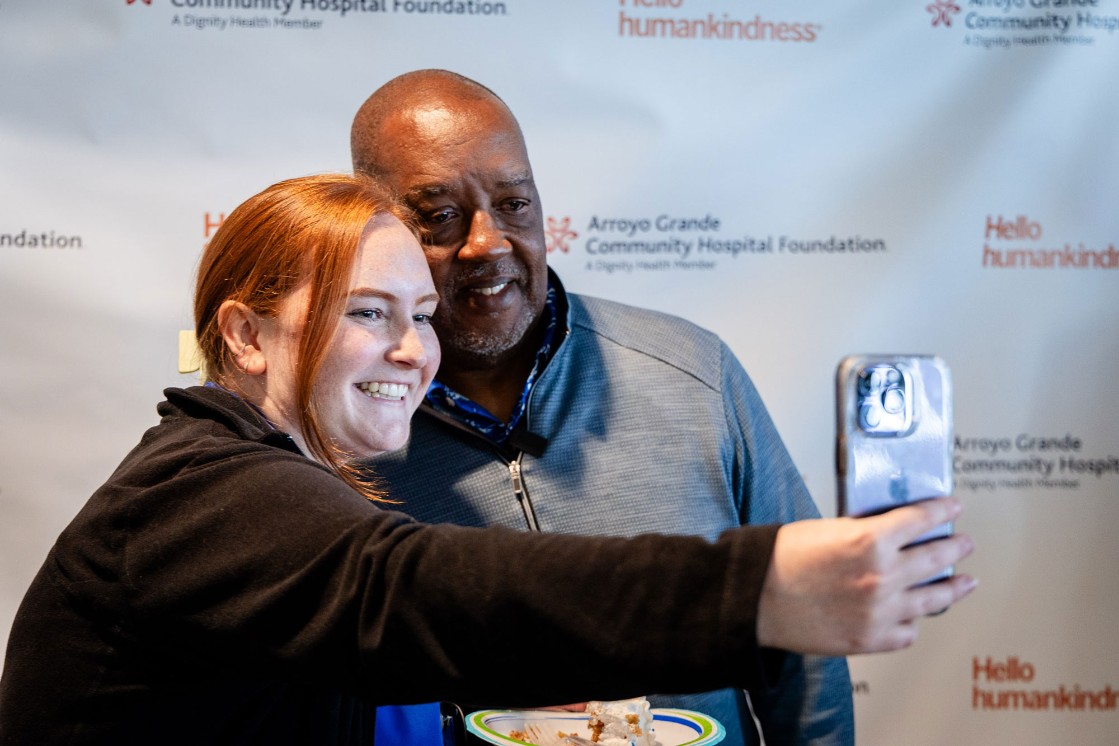 Gerald Sanders takes a selfie with a member of his care team at Arroyo Grande Community Hospital's Acute Rehabilitation Unit during a reunion Friday. The event was held to recognize his progress after experiencing a stroke in March as part of National Rehabilitation Awareness Week.  